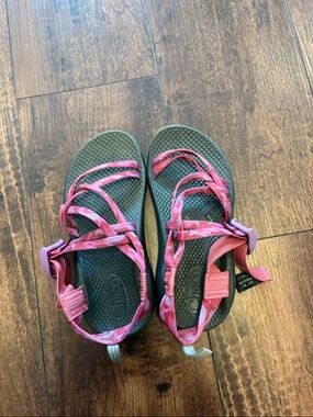 Chaco Pink Patterned Strap Sandals with Black Footbed